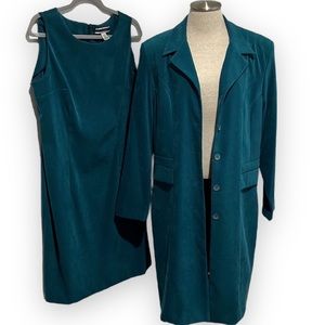 Amanda Smith 2 Piece Teal Microsuede Sleeveless Sheath Dress Jacket Set size 16